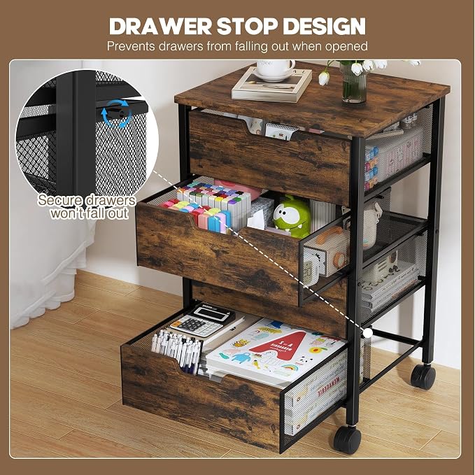 Rolling Cart with Drawers, Wooden Top and Front, with Wheels Metal Under Desk Storage Cart with 4 Drawers, for Office, Bedroom, Classroom, Home, Rustic Brown