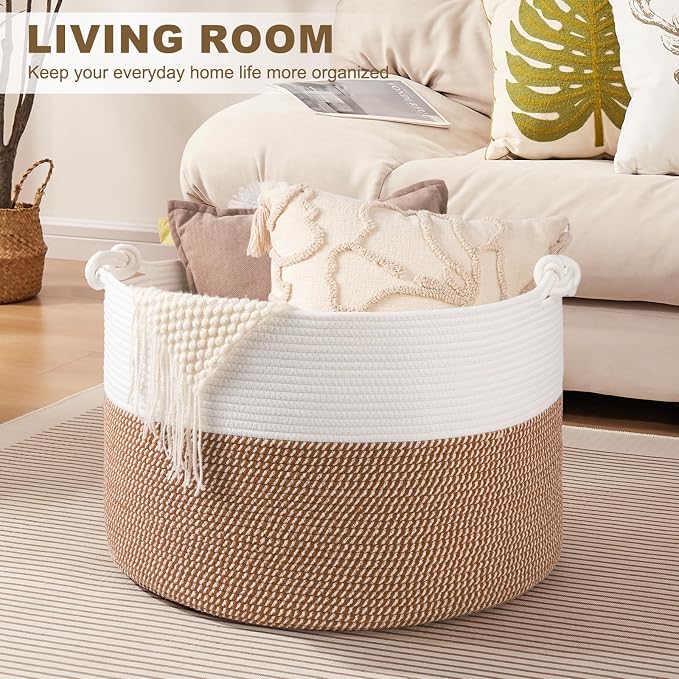 OIASKET XXL Large Blanket Storage Basket for Living Room, 105L Woven Cotton Rope Basket with Handles, Baby Toy Storage, Laundry Hamper for Clothes, Pillows, Towels-Yellow and White