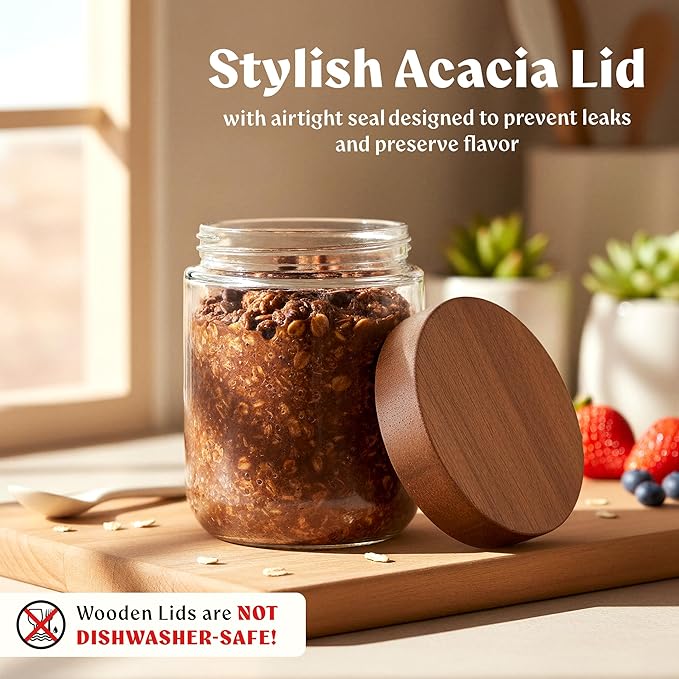 EDELHAUS Overnight Oats Containers with Lids Acacia (4 x 16oz) Glass Jars for Oatmeal, Meal Prep, Food Storage | Leak-Proof Mason Jars for Oats, Cereal, Yogurt, Chia Pudding [Thicker Glass 3mm]