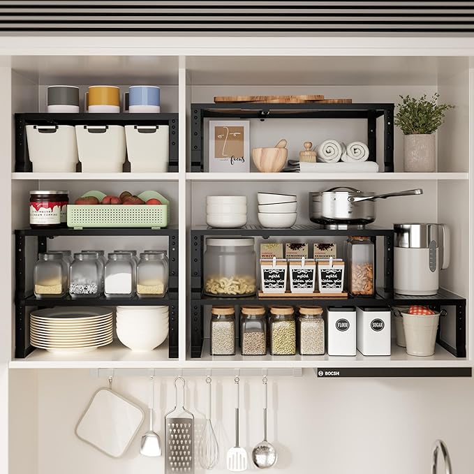 Expandable Spice Rack & Kitchen Cabinet Organizer - Stackable, Adjustable Shelves for Cabinets, Countertops, Cupboards & Pantries(1 Pack/Large/Black)