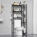 Over The Toilet Storage with Wooden Shelves and Side Rack, 7-Tier Black Over Toilet Bathroom Organizer Freestanding Storage Shelf for Toilet Paper, Towels, Toiletries, 31.5" Wide