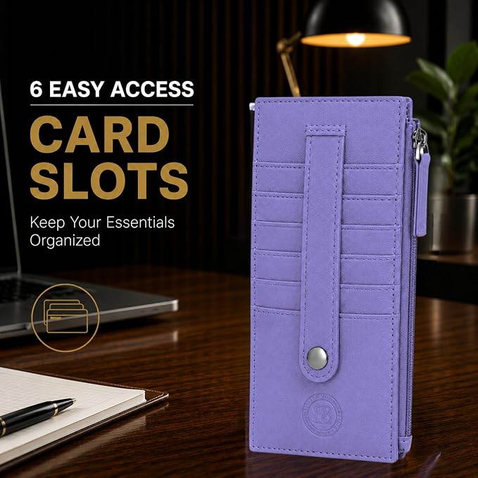 Leatherboss Genuine Leather Women's All in One Credit Business Card Case Holder Slim Zipper Wallet With a Card Protection Strap, Purple