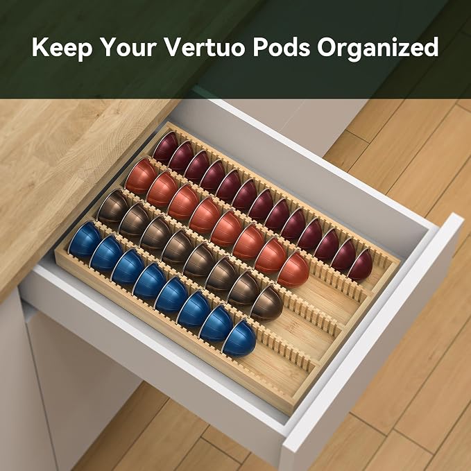 for Nespresso Vertuo Capsules Bamboo Coffee Pod Drawer Organizer | 15"Dx10"Wx1.5"H 40 Big or 52 Small Pods Holder for Counter