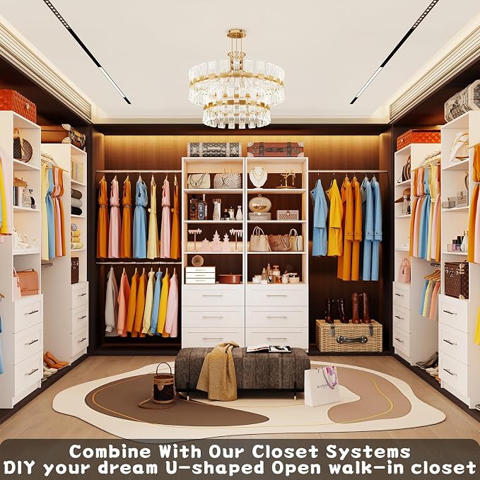 Closet System with 9 Drawers, 8FT-20FT Custom Closet Organizer System Modular Walk in Closet Storage Wooden System with 12 Expandable Hanging Rods Adjustable Shelves 3 Sets White(8FT-20FT)