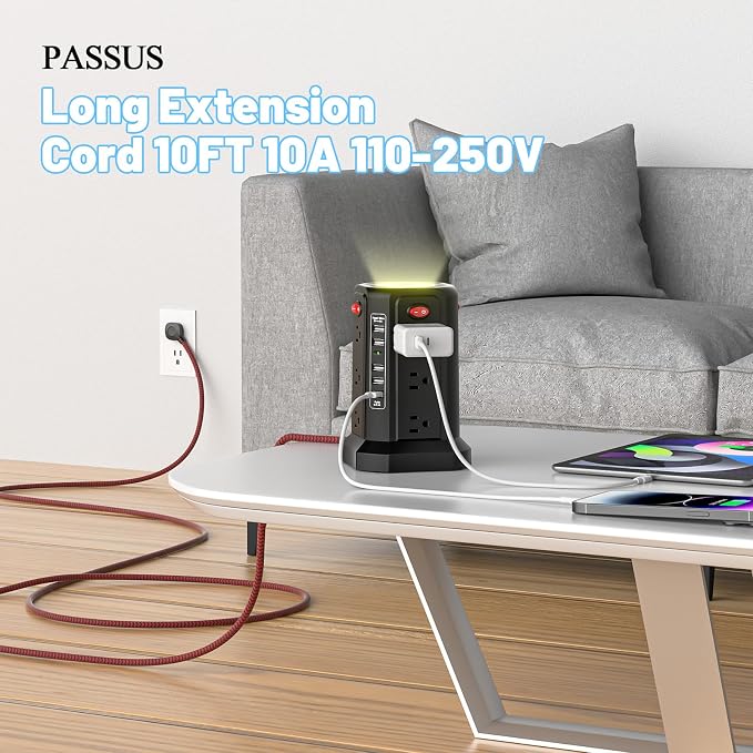 PASSUS Surge Protector Power Strip with 5 USB Ports and Night Light,10FT Braided Extension Cord with 12 AC Multiple Outlets, Power Tower Overload Protection for Home Office Dorm Room Essentials
