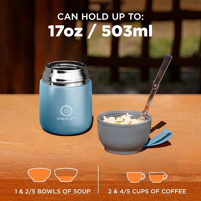 Vacuum Insulated Food Jar. Large 17oz Bowl incl. Folding Spoon, Cup. Wide Mouth Keep Hot & Cold Drinks Soup Lunch Container for Adults. BPA-Free Stainless Steel, Leak Proof Shiny Blue