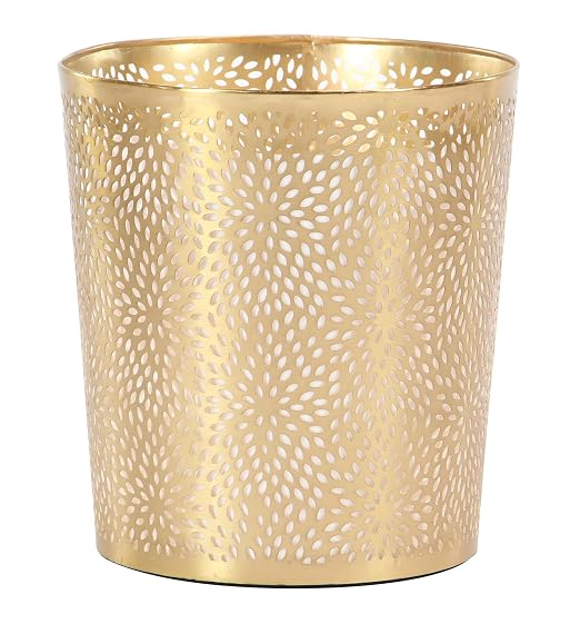 CosmoLiving by Cosmopolitan Metal Small Waste Bin with Laser Carved Floral Design, 9" x 9" x 10", Gold | Office Bathroom Floral Waste Basket With Laser Carved Design Office Wastebasket Waste Bin