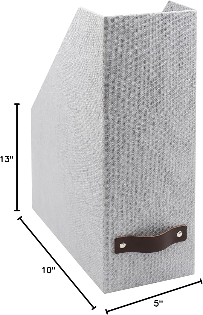 Bigso Box of Sweden Estelle Canvas Fiberboard Upright Magazine Storage Box | Magazine Holder & Organizer for Papers & Catalogs w/Leather Handle for Office Desks | 12.6in x 4.5in x 9.8in | Ash