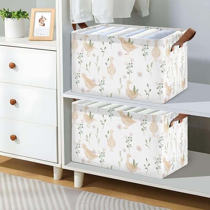 Cute Goose with Floral and Leaves Storage Basket Foldable Cube Storage Bins with Handles&Label Collapsible Organizer Box Bin Large Rectangle Decorative Baskets for Shelves Home Living Room Closet-2 PC