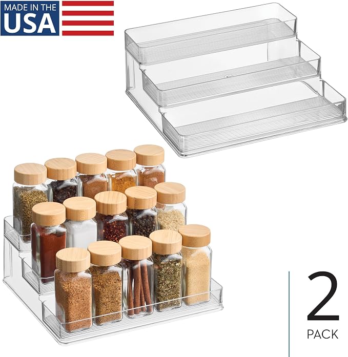 iDesign 3-Tier Spice Rack Organizer, Set of 2, Clear | For Cabinets, Pantry or Countertop, Made in USA