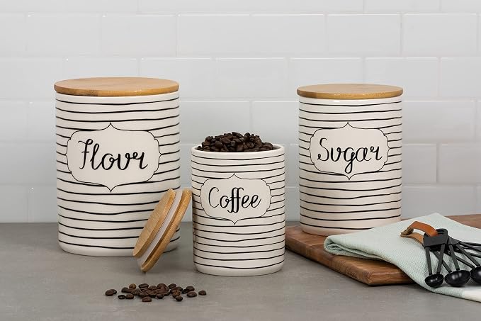 10 Strawberry Street Labeled Ceramic Kitchen Canister Set, Set of 3, Coffee Sugar Flour, White/Black, Bamboo Lids