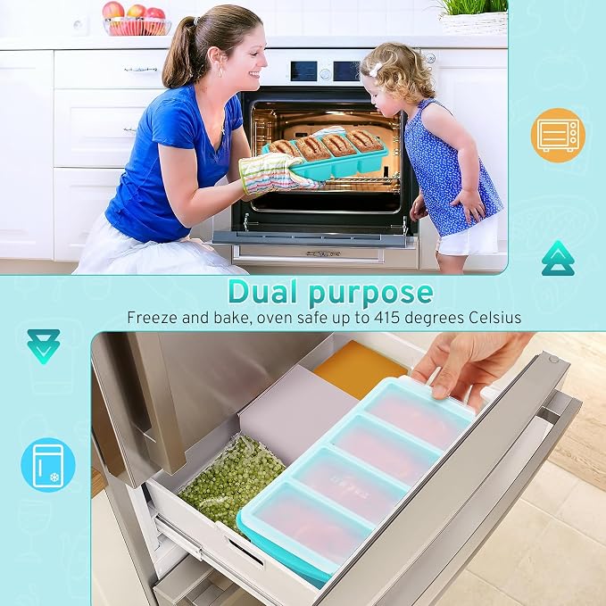 Silicone Freezer Tray with Lid, 1-Cup, 2-Pack, Aqua | BPA-free, leakproof lid, easy-release, stackable, dishwasher-safe. Great for soups, sauces, leftovers, meal prep, baby food.