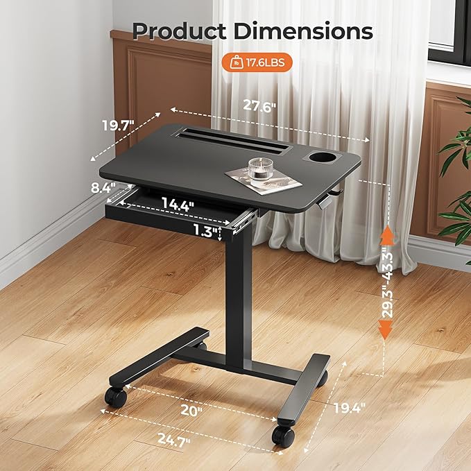 28" Mobile Standing Desk with Drawer, Portable Laptop Desk | Rolling Desk with Cup Holder & Hooks, Height Adjustable Computer Cart on Wheels for Classroom, Study Desk with Storage, Black