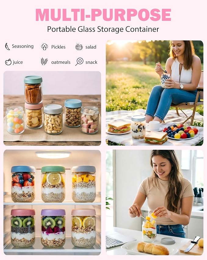 16 oz 6Pack Overnight Oats Containers with Lids, Airtight Leakproof Wide Mouth Glass Mason Jars, Reusable & Portable for Meal Prep, Yogurt, Salads, Smoothies, Spice, Sugar, Snacks & Food Storage-clear