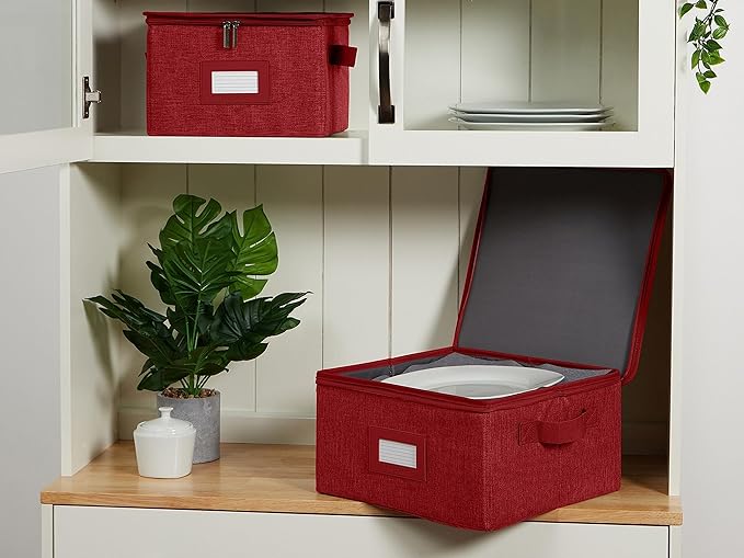 Covermates Dish Storage Box Set – China & Dinner Plate Storage Containers with Felt Dividers, Dual Zippers, Reinforced Handles, ID Window & Stackable Design, Red Heather