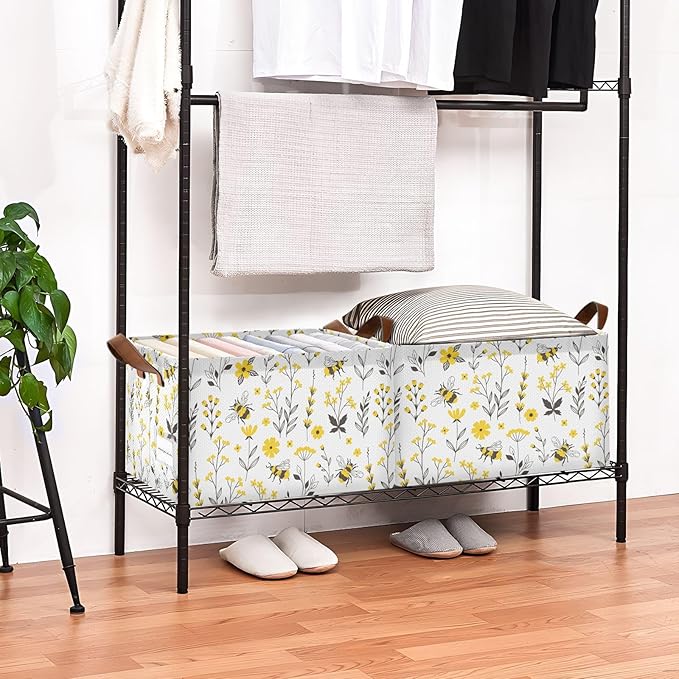 Yellow Wildflower with Bee Storage Basket Foldable Cube Storage Bins with Handles&Labels Waterproof Collapsible Organizer Box Bin Large Rectangle Decorative Baskets for Shelves Home Living Room Closet