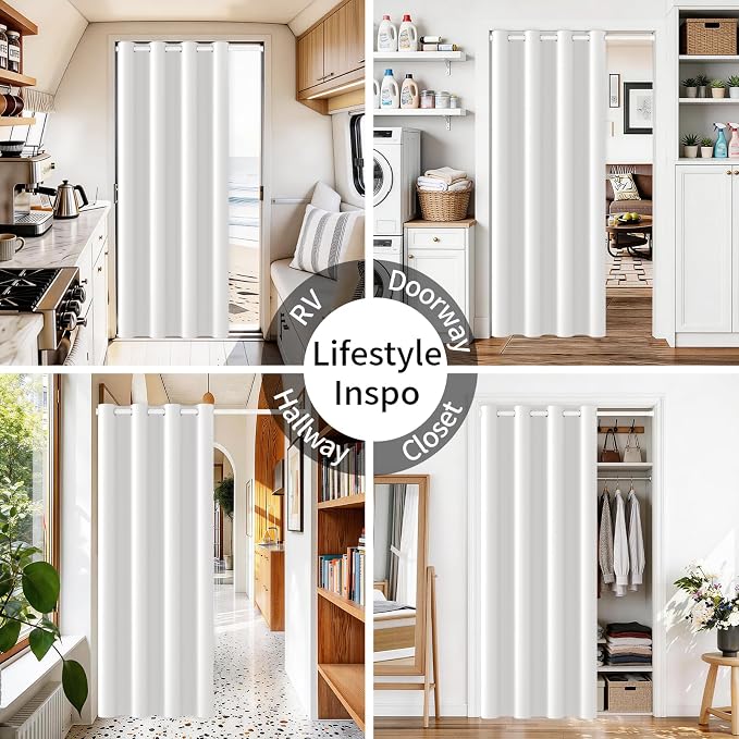 Vatge Magnetic Doorway Curtain with Rod, W52 x L82, 1 Panel, Grayish White | Light Filtering Door Curtain for Pantry, Soft Fabric, Easy to Access