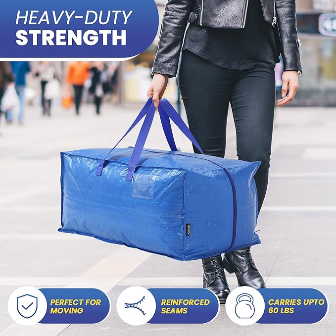 AXIESO Extra Large Moving Bags - 8-Pack Heavy Duty Storage Duffel - Sturdy Backpack Straps Handles, Zippers - Reusable Moving Storage Bags for Clothes - Folding Collapsible Storage Tote Bag Set – Blue
