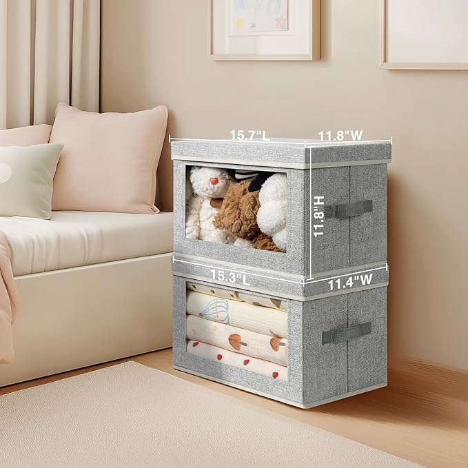 Homsorout Large Storage Baskets with Lids - Stackable Cube Bins for Closet, 6 Pack Windows Organizer Bins, Home Organizers and Storage for Clothes, CD, Towels, Light Grey