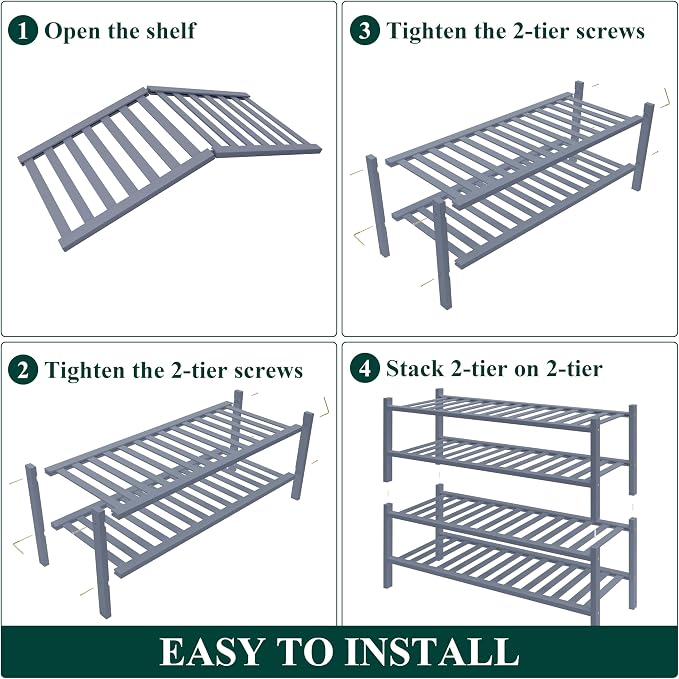 Smiry Bamboo Shoe Rack for Closet, 4 Tier Wooden Shoe Organizer, Stackable Wood Shoe Storage Shelf for Entryway, 14 Vertical Slats, 2+2 Stack Heavy-Duty Legs, 26.77"x11.02"x25.98", Grey