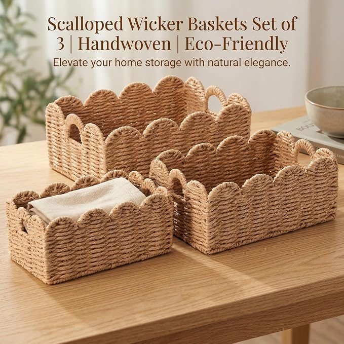Scalloped Wicker Baskets, Set of 3 Hand-Woven Storage Baskets with Handles - Paper Rope Shelf Organizers & Decorative Baskets for Shelves, Closet, Bathroom (Tan）