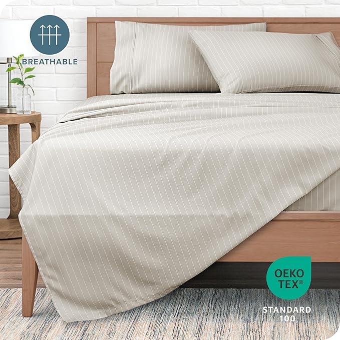 Bare Home Split King Sheet Set - 1800 Ultra-Soft Microfiber Bed Sheets - Double Brushed - Deep Pockets - Easy Fit - 5 Piece Set - Bed Sheets (Split King, Pinstripe - Stone/White)