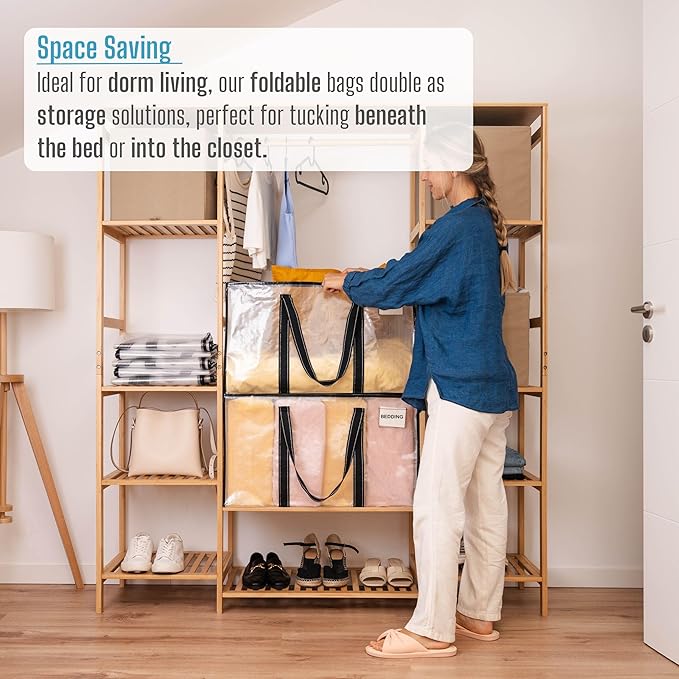 VENO 10 Pack Clear Storage Moving Bags, Heavy Duty Storage Bins with Lid, Around Handles, Tag, Zippers, Extra Large Totes Packing Moving Boxes Supplies for College Dorm Clothes (Transparent)