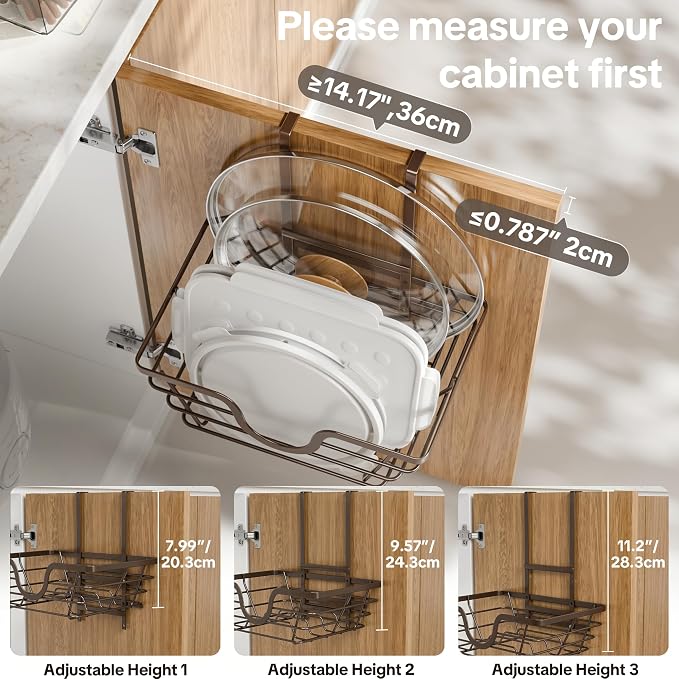 TIDIIABODE Pot Lid Organizer, Adjustable Kitchen Pot Lid Holder Inside Cabinet, Kitchen Cabinet Organizer Hanging for Food Storage Container, Pot, Pan Lid & Bakeware, Bronze