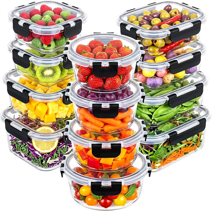 12 Pack Glass Meal Prep Containers with Lids, Glass Food Storage Containers with Snap Locking Lids, Airtight Lunch Containers for Microwave, Oven, Freezer and Dishwasher BPA Free (BLack)
