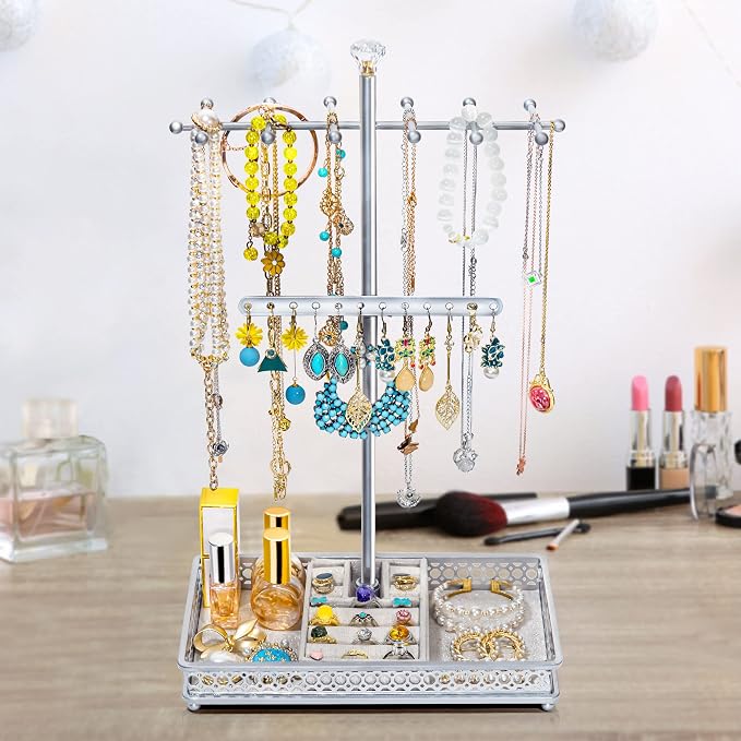 Meangood Jewelry Organizer Stand, 15.6" H Jewelry Tree Display Holder Stand for Bracelets Necklaces Earrings Rings, Gift for Women Girls (Silver)