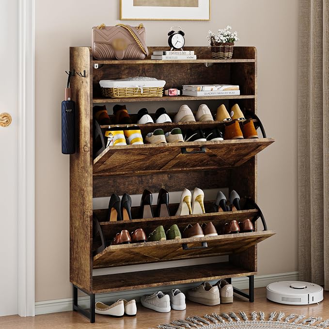 Wodeer Shoe Storage Cabinet with 2 Flip Drawers, Narrow Wood Shoe Cabinet Storage for Entryway with Metal Legs & Hooks, Adjustable Shelves, Freestanding Shoe Rack Organizer for Foyer, Hallway, Brown