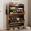 Wodeer Shoe Storage Cabinet with 2 Flip Drawers, Narrow Wood Shoe Cabinet Storage for Entryway with Metal Legs & Hooks, Adjustable Shelves, Freestanding Shoe Rack Organizer for Foyer, Hallway, Brown