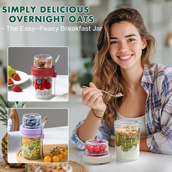 Danmu Overnight Oats Containers with Lids 21 oz (16+5) 2 Pack | Dry and Wet Separation,Overnight Oats Container,Yogurt Containers with Lids,Overnight Oats Jars,Dishwasher Safe,Fridge Safe