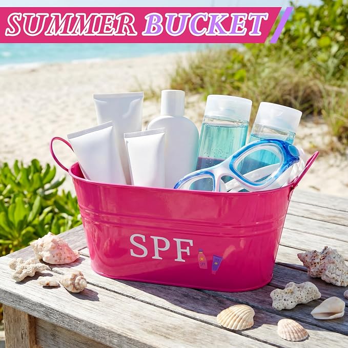 Blulu SPF Storage Bucket Metal Poolside Basket Above Ground Pool Bin Summer Basket Outdoor Storage for Sunscreen Goggles Flip Flop Spf Swimming Camping Beach Accessories Decor(Pink)
