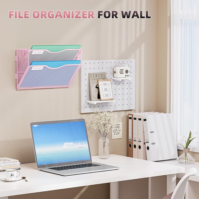 Marbrasse Wall File Holder 2-Tier Hanging Wall File Organizer, Mesh Mail Holder for Papers, Wall Mount File Clipboard & Magazine Organizer Great for Office Home - 2P(Pink)