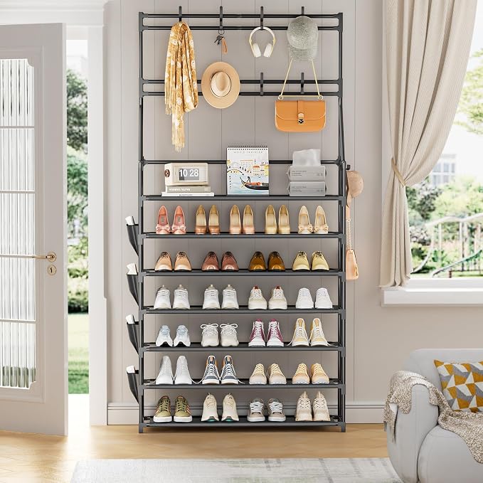 OYREL Shoe Rack 7 Tier Sturdy Shoe Racks Organizer for Closet | 28-35 Pairs Large Capacity Shoe Storage Rack with Multifunctional 5 Hooks and Side Pocket for Entrance Entryway
