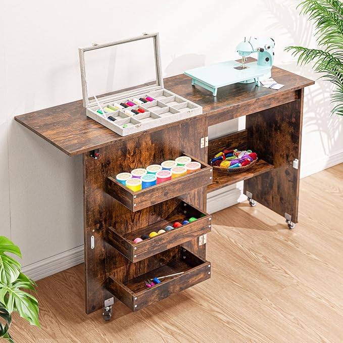VIVOHOME Folding Sewing Table for Sewing Machine, Sewing Desk with Storage | Rolling Sewing Craft Table with Storage Shelves, Trays, Wheels, Sewing Cabinet with Lift for Small Spaces, Rustic Brown