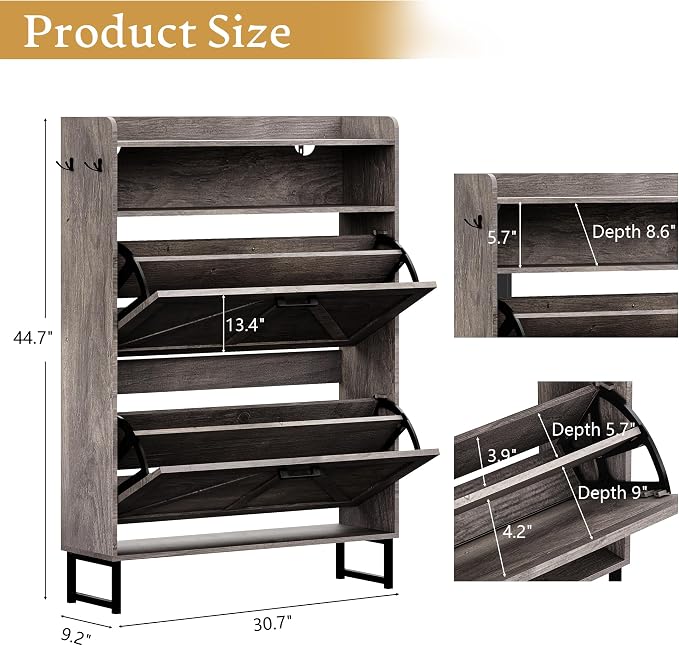 Wodeer Shoe Storage Cabinet with 2 Flip Drawers, Narrow Wood Shoe Cabinet Storage for Entryway with Metal Legs & Hooks, Adjustable Shelves, Freestanding Shoe Rack Organizer for Foyer, Hallway, Grey
