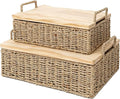 Woven Seagrass Wicker Storage Basket Set of 2 with Wooden Lids | Stackable Basket with Handles, Rectangular Decorative Basket for Shelves Home, Closet & Desktop Organization