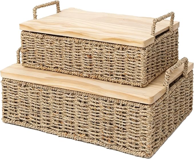 Woven Seagrass Wicker Storage Basket Set of 2 with Wooden Lids | Stackable Basket with Handles, Rectangular Decorative Basket for Shelves Home, Closet & Desktop Organization