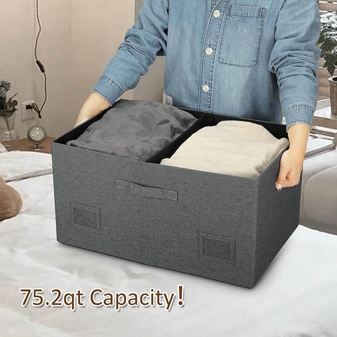 Graciadeco 75 Quarts Extra Large Decorative Storage Bins with Lids, 3 Packs Dark Gray Collapsible Storage Bins with Lids, Stackable Storage Bins Decorative Box Storage With Lid Extra Large