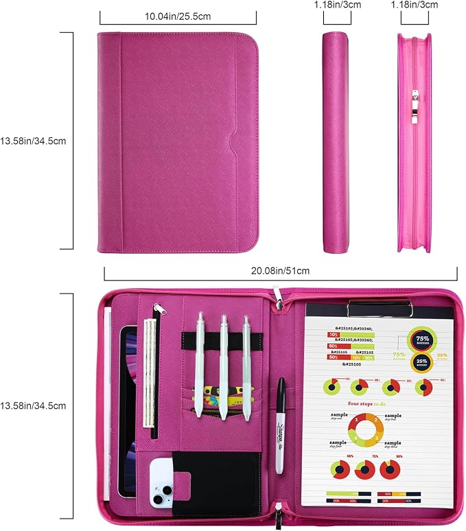 ProCase Portfolio Business Padfolio Folder with Zipper -Magenta | Conference Meeting Executive File Legal Document Organizer with Pockets Letter Size A10 Writing Pad Notepad Padfolio