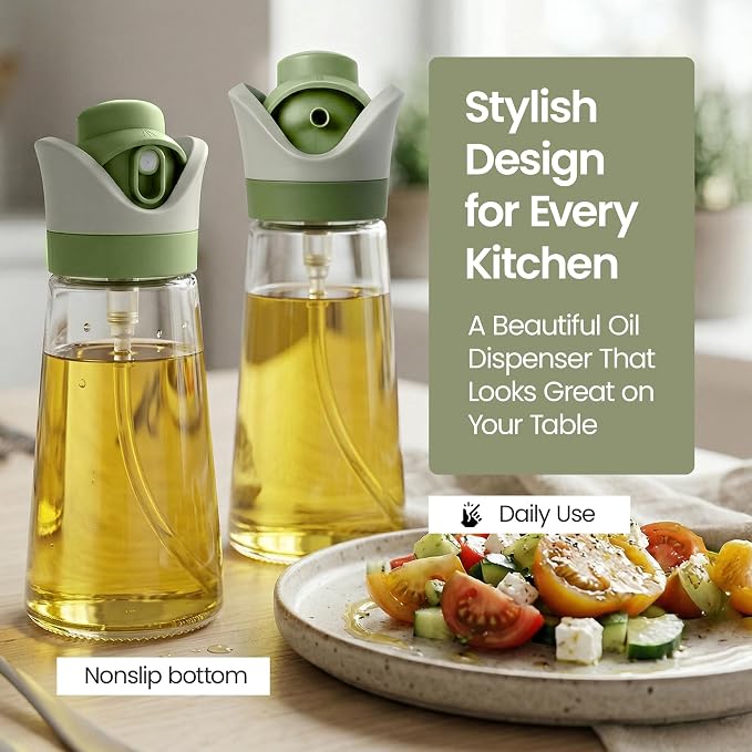 Olive Oil Dispenser for Kitchen | 2-in-1 Pour and Spray | 7.7 oz / 230 ml | Glass Olive Oil Sprayer for Cooking, Airfryer, Salad & BBQ | Set of 2 Bottles, Green