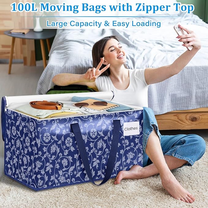 HomeHacks Moving Bags, Extra Large Size Moving Boxes, Heavy Duty Luggage Bags with Smooth Zipper and Sturdy Handles, Large Capacity & Easy Loading Storage Totes for Space Saver 100L, 4-Pack, Blue