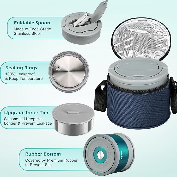 MAXSO Food Jar for Hot Food - 24 OZ Soup Thermo for Adults Vacuum Insulated Lunch Containers with Foldable Spoon & Thermal Bag, Wide Mouth Leakproof Bento Box - Green