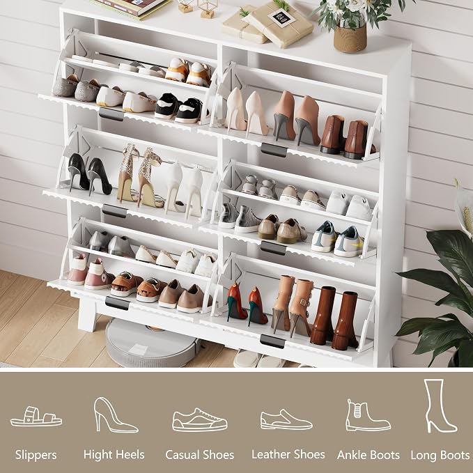 HUANLEGO Shoe Cabinet Storage for Entryway with 6 Flip Drawers, Fluted Narrow Shoe Organizer with Wooden Legs, Freestanding Slim Shoe Storage Hidden Shoe Rack Organizer for Front Door Entrance, White
