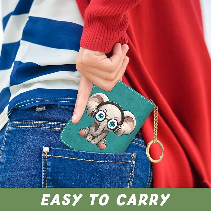 Aiawoxc Credit Card Holder, Small RFID Wallet Slim Leather Card Organizer Case with Zipper and Keychain, Pretty Elephant