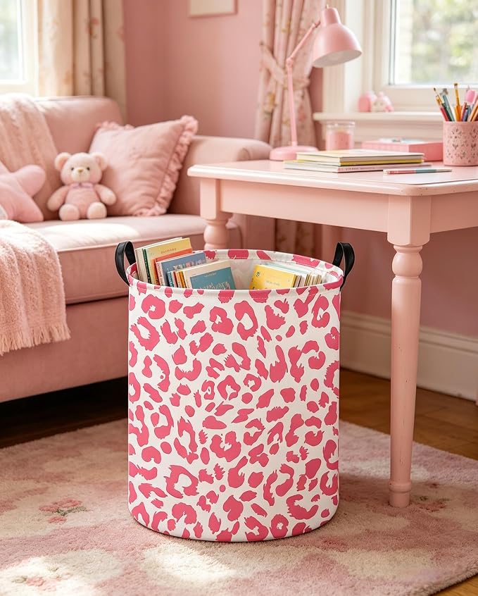 Pink Leopard Print Hamper,Baby Laundry Hamper,Waterproof Collapsible Baby Storage Baskets for Kid Room Decor,Clothes Organizer Basket,Gift Baskets(Pink Leopard Print)