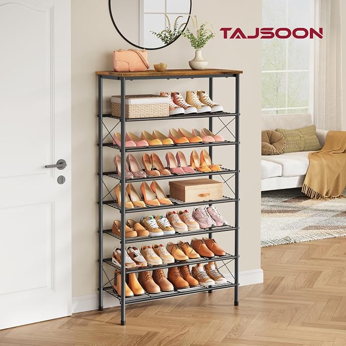 Tajsoon 8 Tier Shoe Rack Organizer for 28-32 Pairs of Shoes, Metal Mesh Shoe Shelf for Closet, Industrial Shoe Rack for Entryway Shoe Storage with X Shape Fixed Frame, Rustic Brown & Black