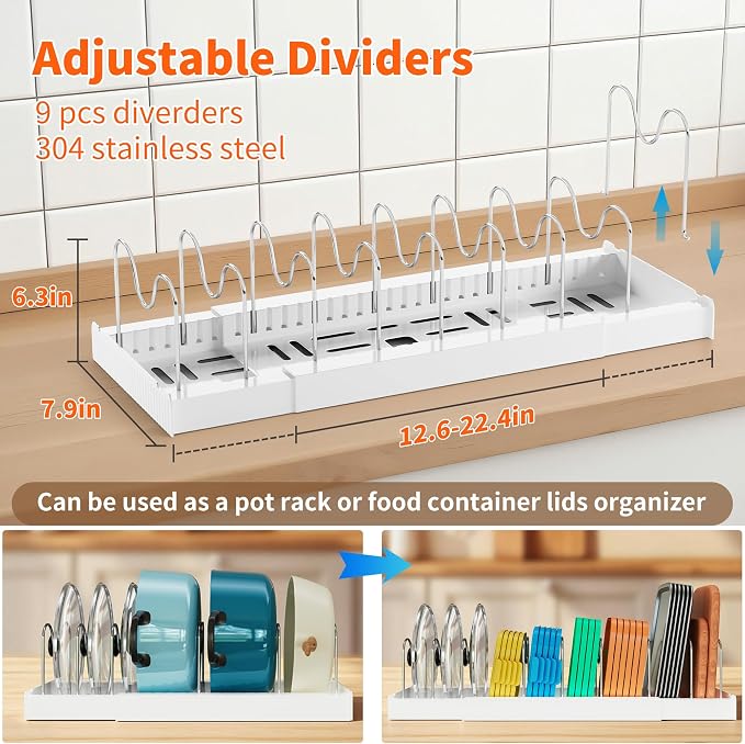 Antigo 2 Pack Expandable Pots and Pans Organizer, lid organizer | 9 Adjustable Stainless Steel Dividers，For Kitchen Countertop Cabinet and Pantry, For Food Container lid, 12.6"-22.4" Wide